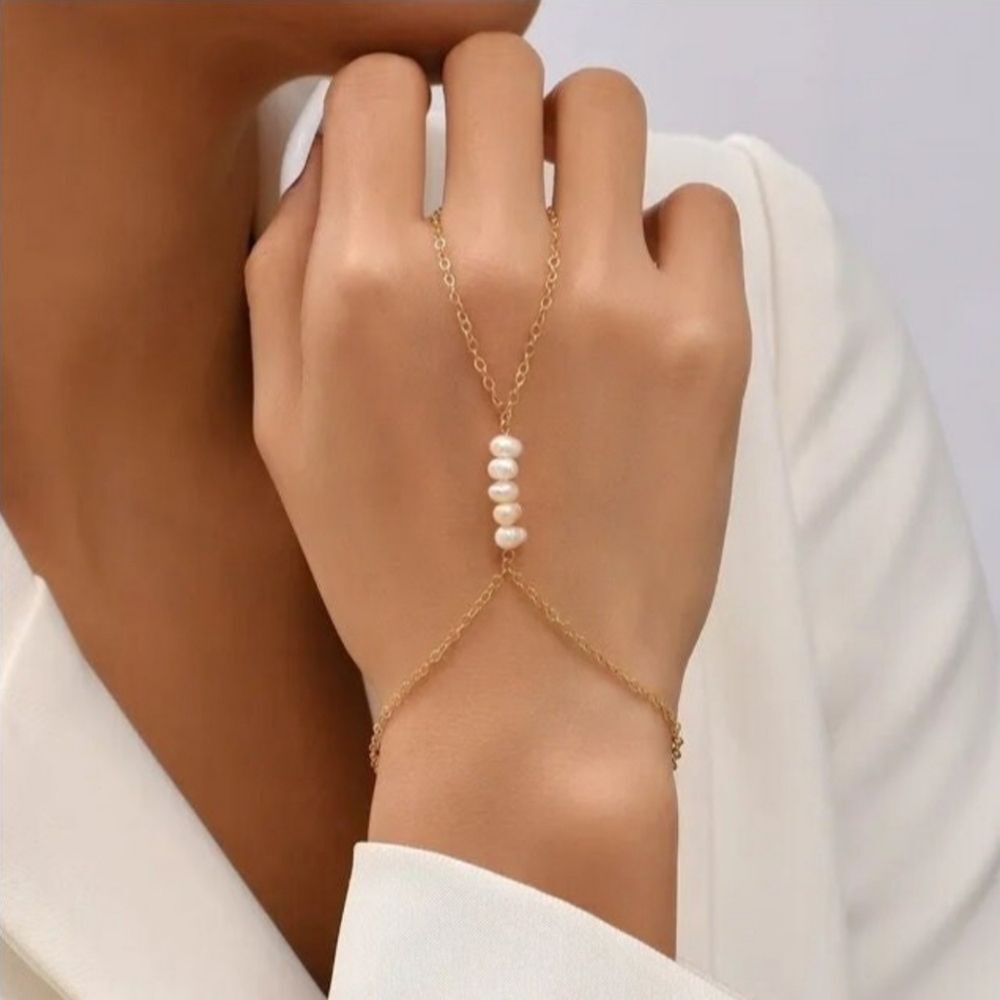 Chain Slave Style Bracelet with Pearl Accents, Hand Harness, Medieval Festival